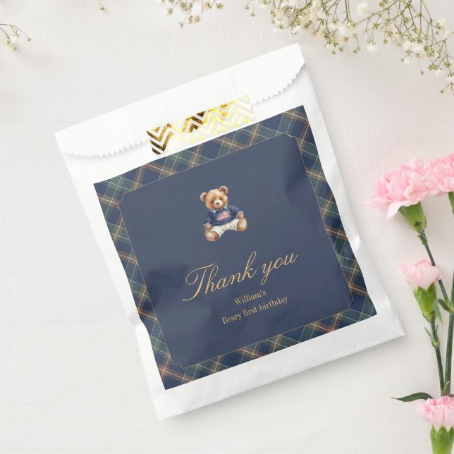 Sachets En Papier Beary First Navy Plaid Teddy Bear Birthday  (Scellé)