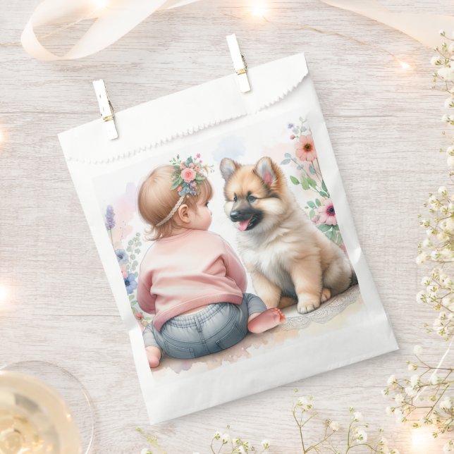 Sachets En Papier Bébé fille et Baby shower rose chiot (Coupé)