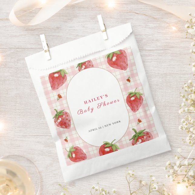 Sachets En Papier Berry aux fraises roses En vichy Baby shower sucré (Coupé)