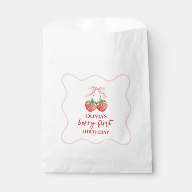 Sachets En Papier Berry premier anniversaire de fraise Bow rose (Devant)