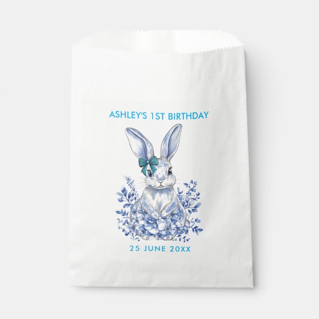 Sachets En Papier Blue Floral Rabbit 1er anniversaire pour les enfan (Devant)