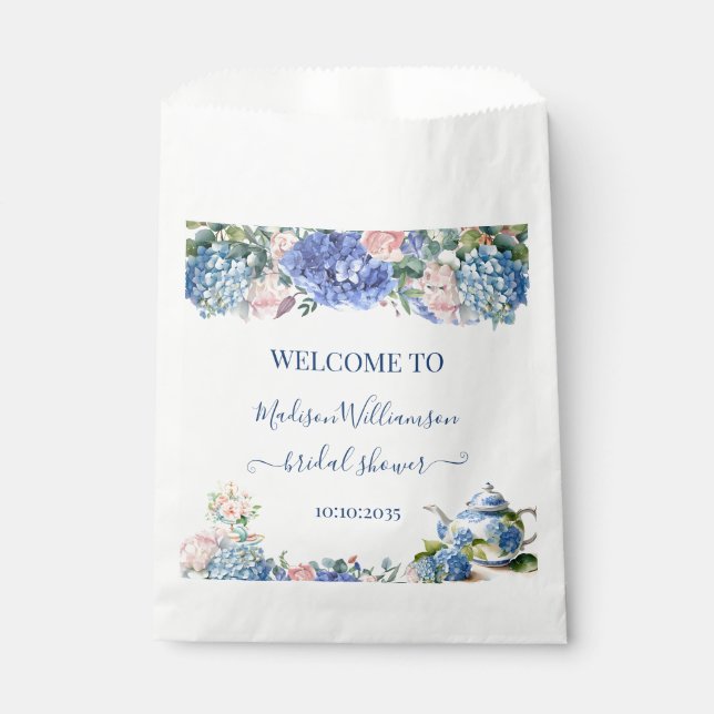 Sachets En Papier Blue Hydrangea Fête des mariées Thé Bienvenue (Devant)
