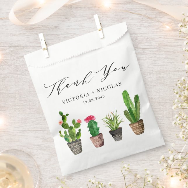 Sachets En Papier Boho Aquarelle Poted Cactus Merci Mariage (Coupé)