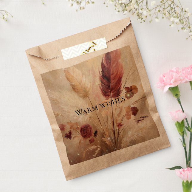 Sachets En Papier Boho Crème Rouge Plumes Mariage Floral (Scellé)