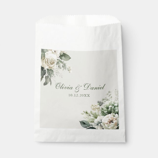 Sachets En Papier Boho Sage vert et Mariage de fleurs d'ivoire (Devant)