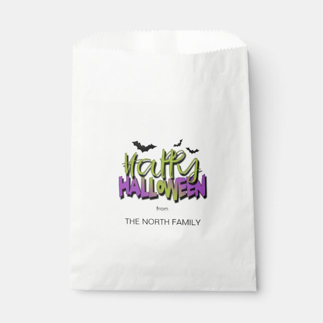 Sachets En Papier Bonne typographie d'Halloween avec Bats Green ID68 (Devant)