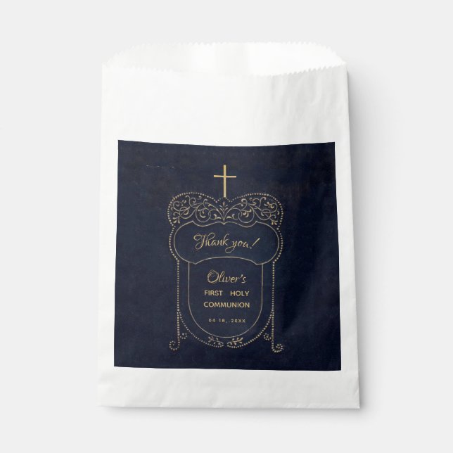 Sachets En Papier Boy First Communion Marine Croix Bleue Script Vint (Devant)