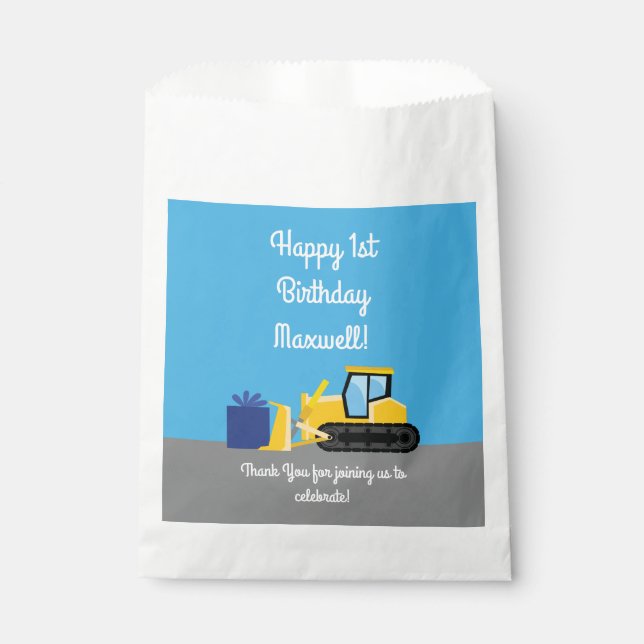 Sachets En Papier Bulldozer Cute 1er Anniversaire Fête Construction (Devant)