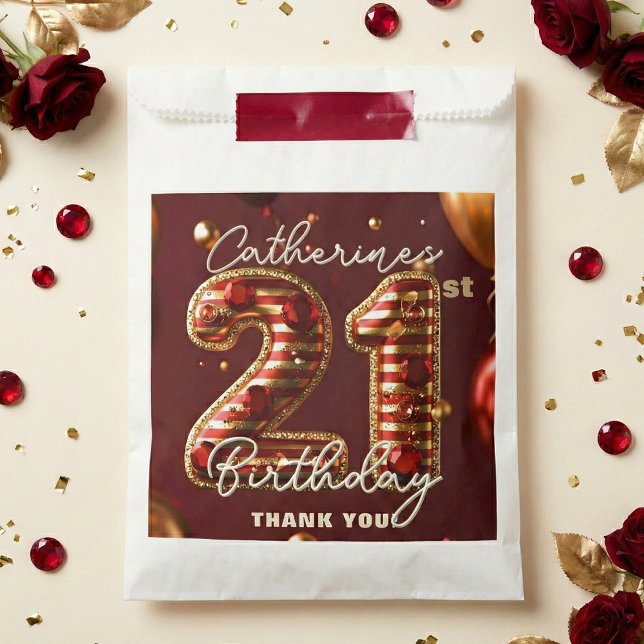 Sachets En Papier Burgundy Red Gold Balloons Gemstones 21st Birthday (Créateur téléchargé)