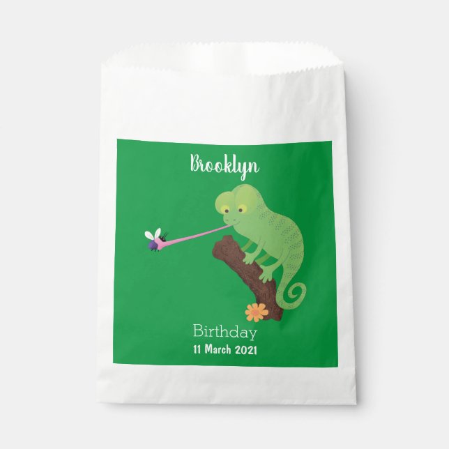 Sachets En Papier Caricature de lézard de caméléon vert joyeux (Devant)