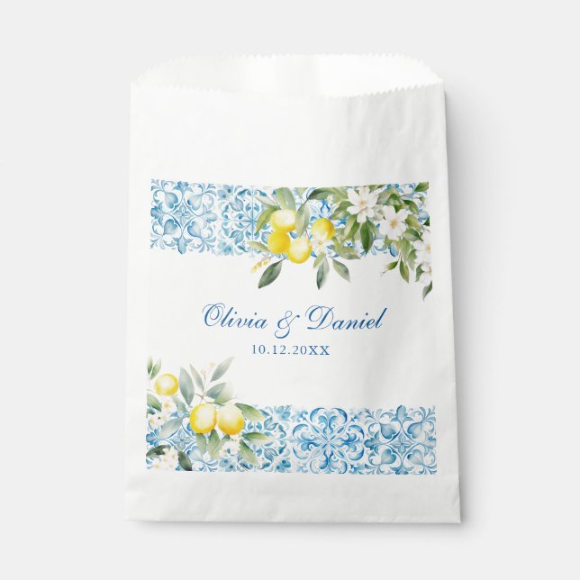 Sachets En Papier Carreaux bleus méditerranéens et mariage au citron (Devant)