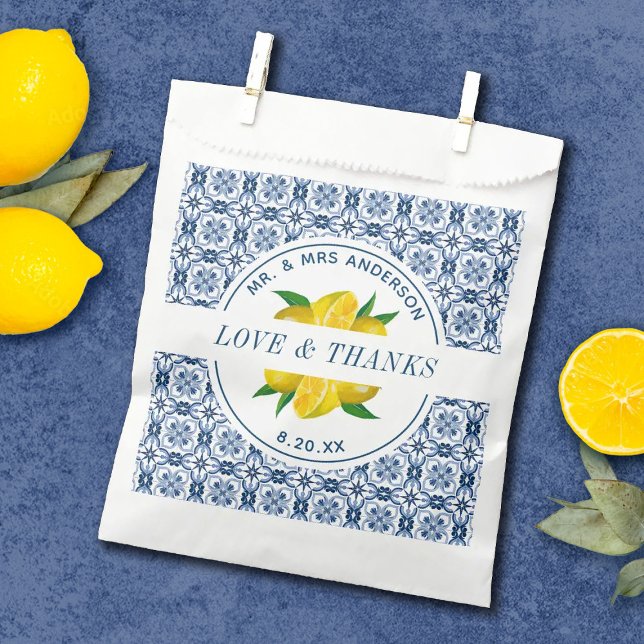 Sachets En Papier Carrelage bleu italien Mariage citron Favoriser Sa (Créateur téléchargé)
