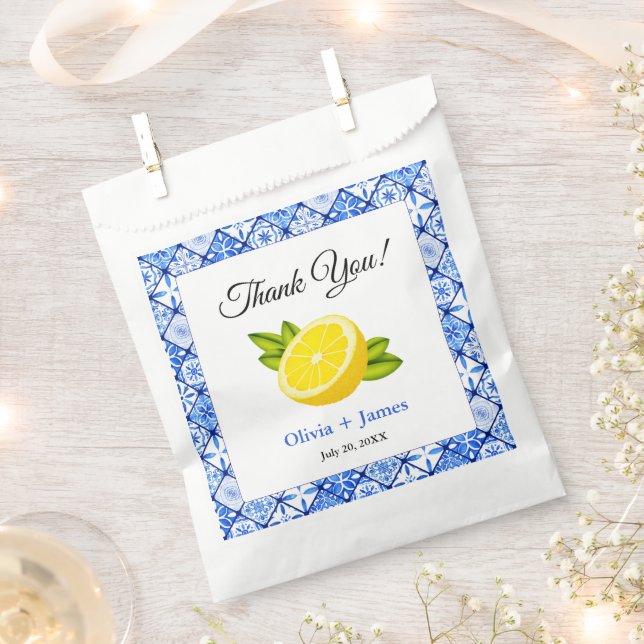 Sachets En Papier Carrelage bleu méditerranéen Citron Merci Mariage (Coupé)