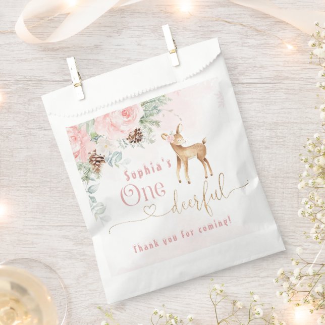 Sachets En Papier Cerf de premier anniversaire rose pâle en hiver (Coupé)