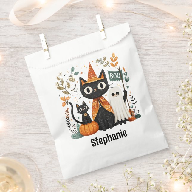 Sachets En Papier Chat noir mignon personnalisé et Halloween fantôme (Coupé)