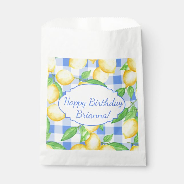 Sachets En Papier Citron Bleu Blanc Gingham Personnalisé (Devant)