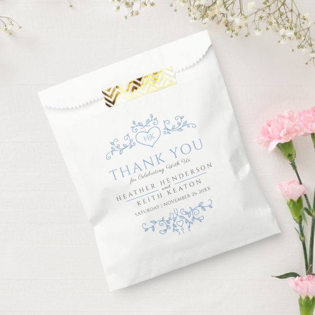Sachets En Papier Coeur d'art feuille monogramme bleu mariage merci (Scellé)