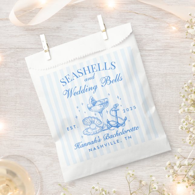 Sachets En Papier Coquillages bleus rétro et cloches Mariages Bachel (Coupé)