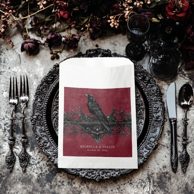 Sachets En Papier Corbeau noir gothique et Mariage de vin Rose noir (Gothic Black Raven & Black Roses Wine Wedding Favor Bag)