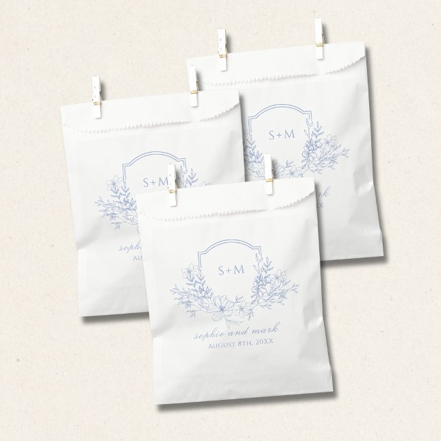 Sachets En Papier Couronne florale de mariage monogramme bleu poussi (Créateur téléchargé)
