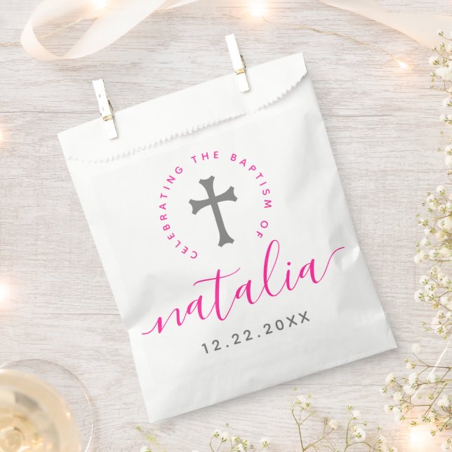 Sachets En Papier Croix du baptême rose (Coupé)