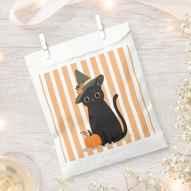 Sachets En Papier Cute Halloween Black Cat with Witch Hat Pumpkin (Coupé)