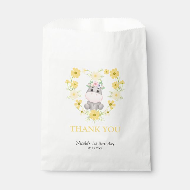 Sachets En Papier Cute Hippo Jaune Fleur Coeur Anniversaire Merci (Devant)