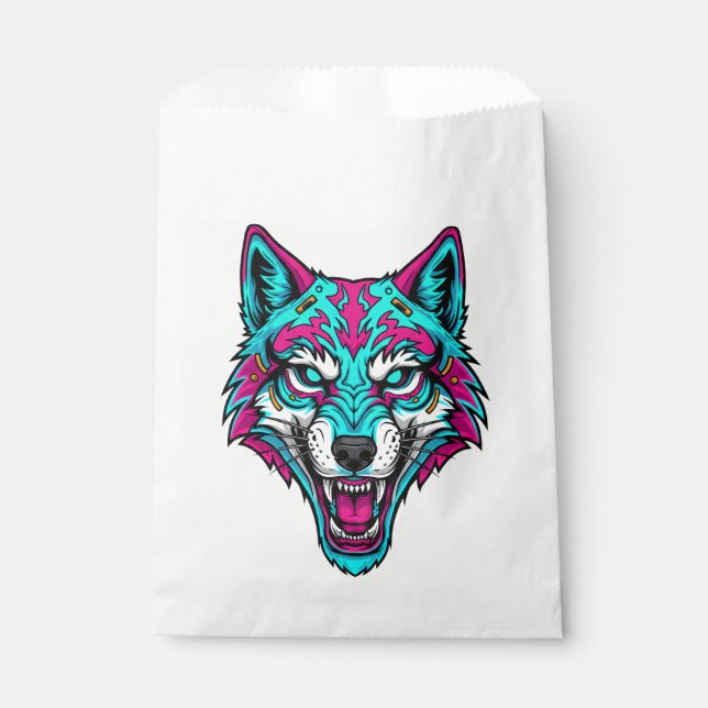 Sachets En Papier Cyberpunk Neon Wolf - Synthwave Robotic Animal (Devant)