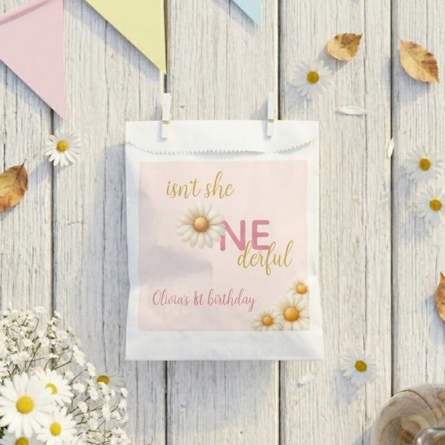 Sachets En Papier Daisy 1st Birthday Isn't She ONEderful Pink Boho (Daisy 1st Birthday Isn't She ONEderful Pink Boho Favor Bag)