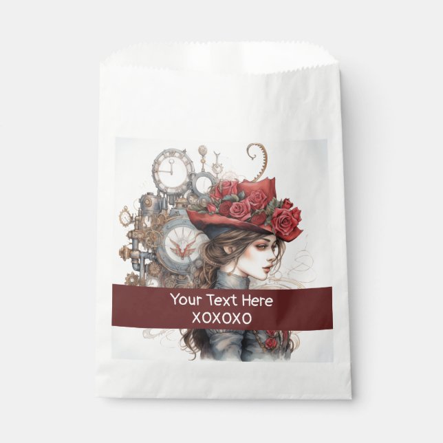 Sachets En Papier Dame en rouge Valentine Kiss steampunk aquarelle (Devant)