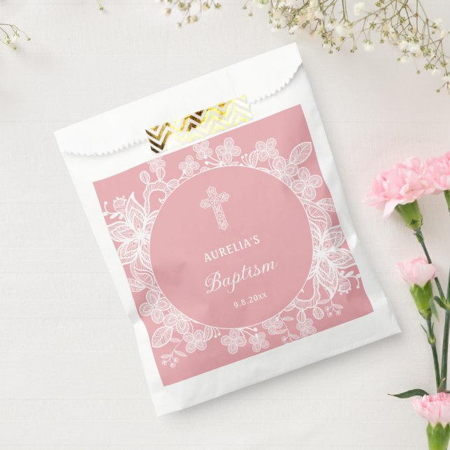 Sachets En Papier Dentelle blanche sur le baptême rose (Scellé)