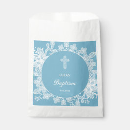 Sachets En Papier Dentelle blanche sur Pastel Baptême bleu
