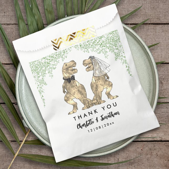Sachets En Papier Dinosaur thème Mariage Merci (Dinosaur themed wedding thank you custom favor bag Jurassic jungle foliage and T-Rex bride and groom)