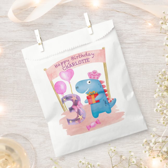 Sachets En Papier Dinosaure Cute Girly 3 ans Anniversaire (Coupé)