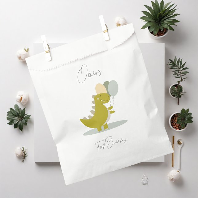 Sachets En Papier Dinosaure jaune vert gris premier anniversaire (Créateur téléchargé)