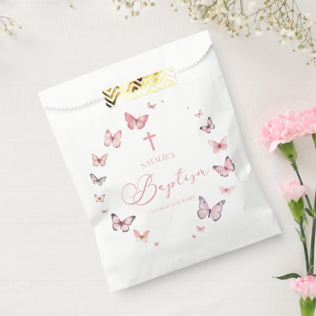 Sachets En Papier Élégant Baptême Papillon rose doux (Scellé)