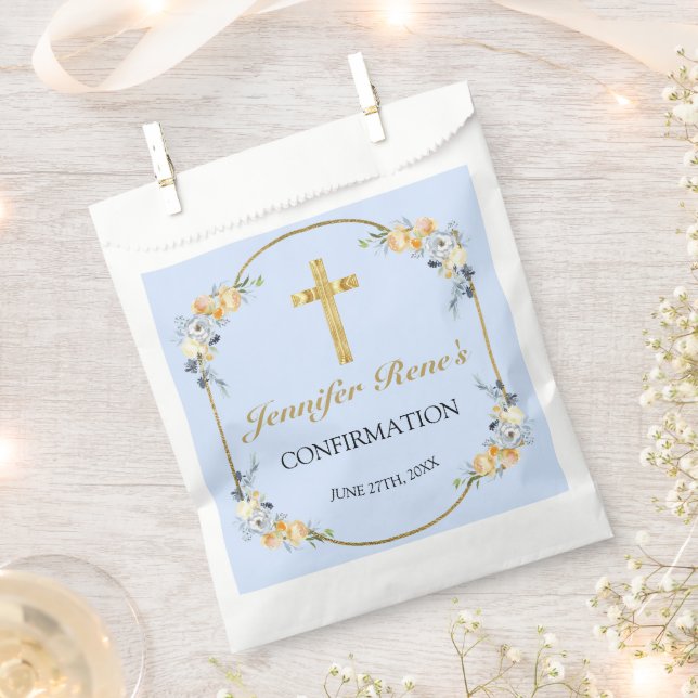 Sachets En Papier Élégant bleu et pêche Floral Gold Confirmation (Coupé)