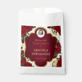 Sachets En Papier Elegant Burgundy Red & Gold Rose Quinceañera 