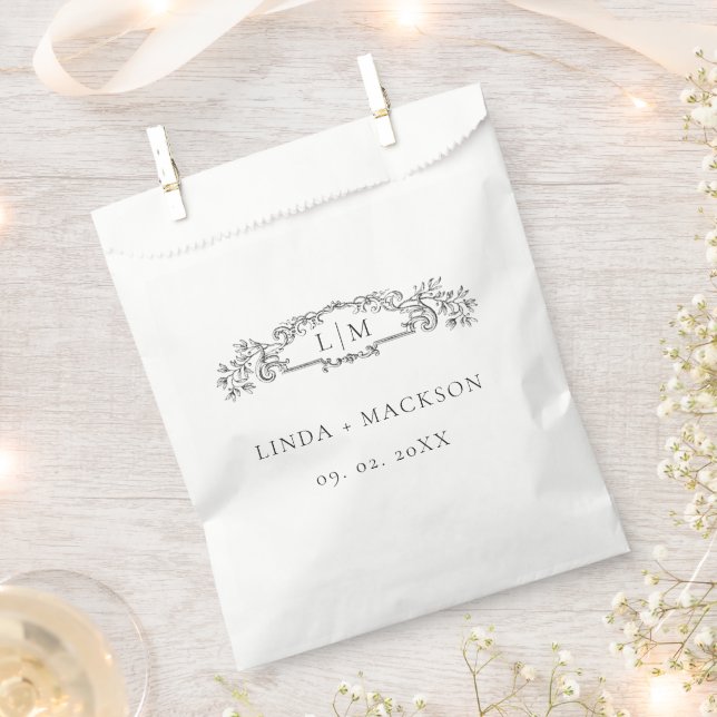 Sachets En Papier Élégant & Chic mariage monogramme de crête botaniq (Coupé)