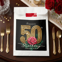 Elegant Glam Black Gold Red Rose 50th Birthday