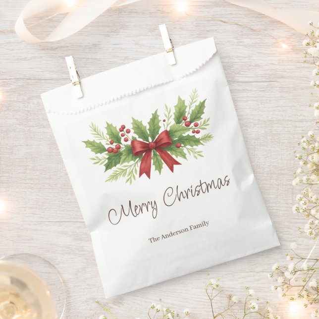 Sachets En Papier Elegant Holly & Red Bow Noël - (Coupé)