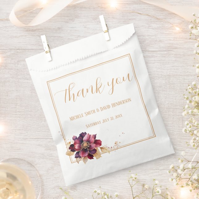 Sachets En Papier Élégant Mariage de script floral or Bourgogne (Coupé)