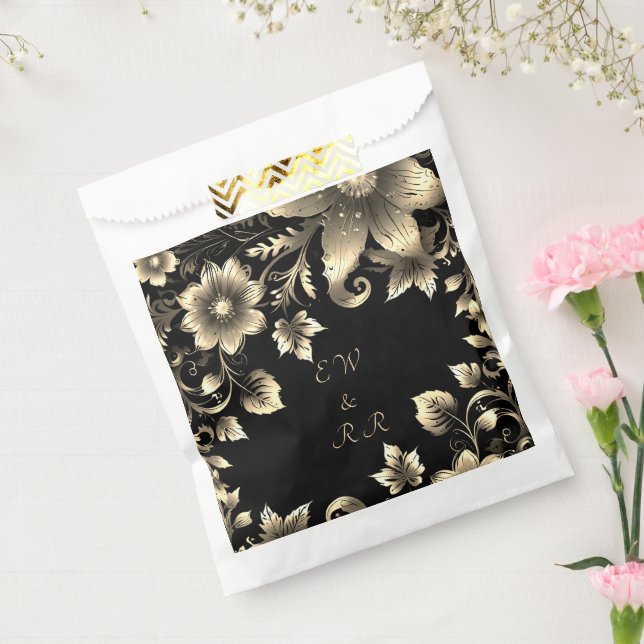 Sachets En Papier Élégant Mariage floral noir et or (Scellé)