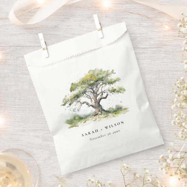 Sachets En Papier Elégant minimal vert aquarelle Mariage chêne arbre (Coupé)