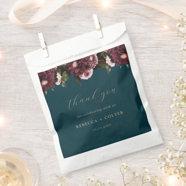 Sachets En Papier Élégant Turquoise foncé Bourgogne Floral Mariage (Coupé)