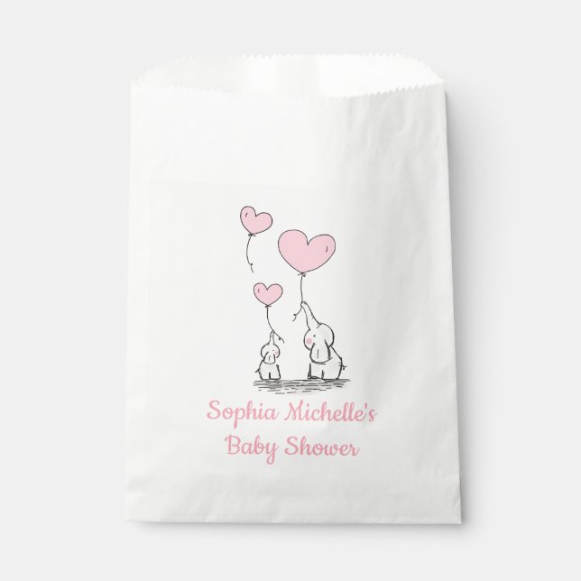 Sachets En Papier Élégante Bébée Fille Coeur Rose Ballons & Eléphant (Devant)
