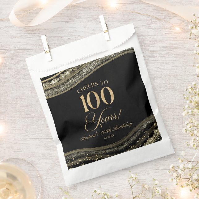 Sachets En Papier Elégante Black Gold Agate 100e fête d'anniversaire (Coupé)