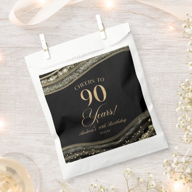 Sachets En Papier Elégante Black Gold Agate 90e fête d'anniversaire (Coupé)