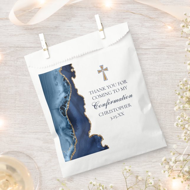 Sachets En Papier Élégante confirmation Croix Marine Blue Gold Agate (Coupé)