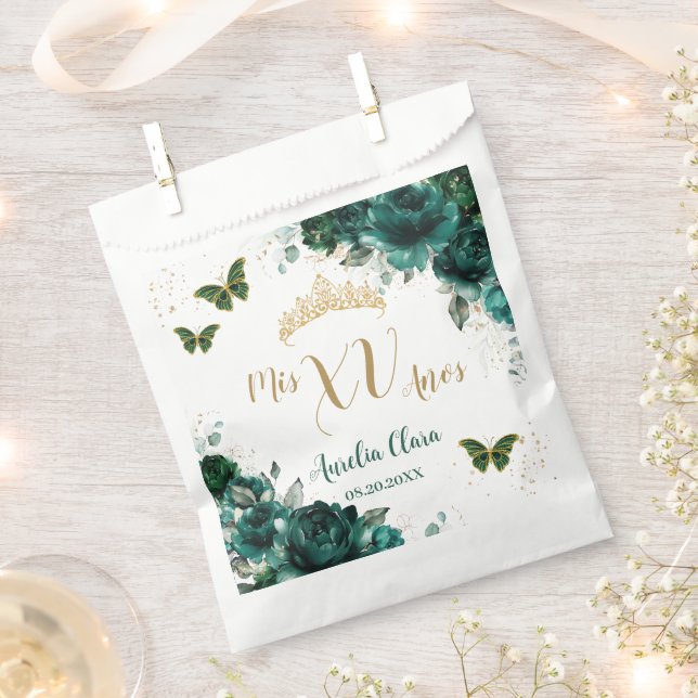 Sachets En Papier Émeraude Florale Quinceanera Gold Butterflies (Coupé)